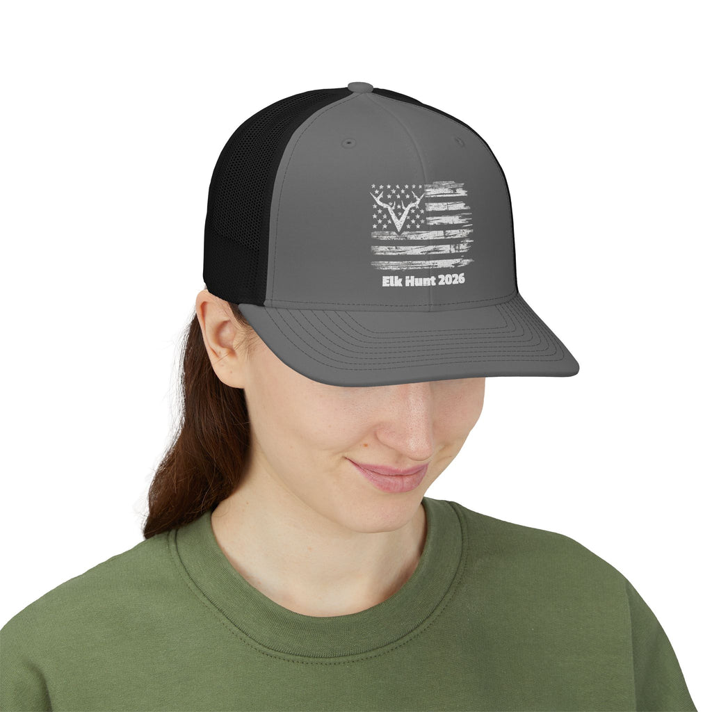 Elk Hunt 2026 | Commando Silhouette American Flag Snapback Trucker Cap | Elk Hunt 2026