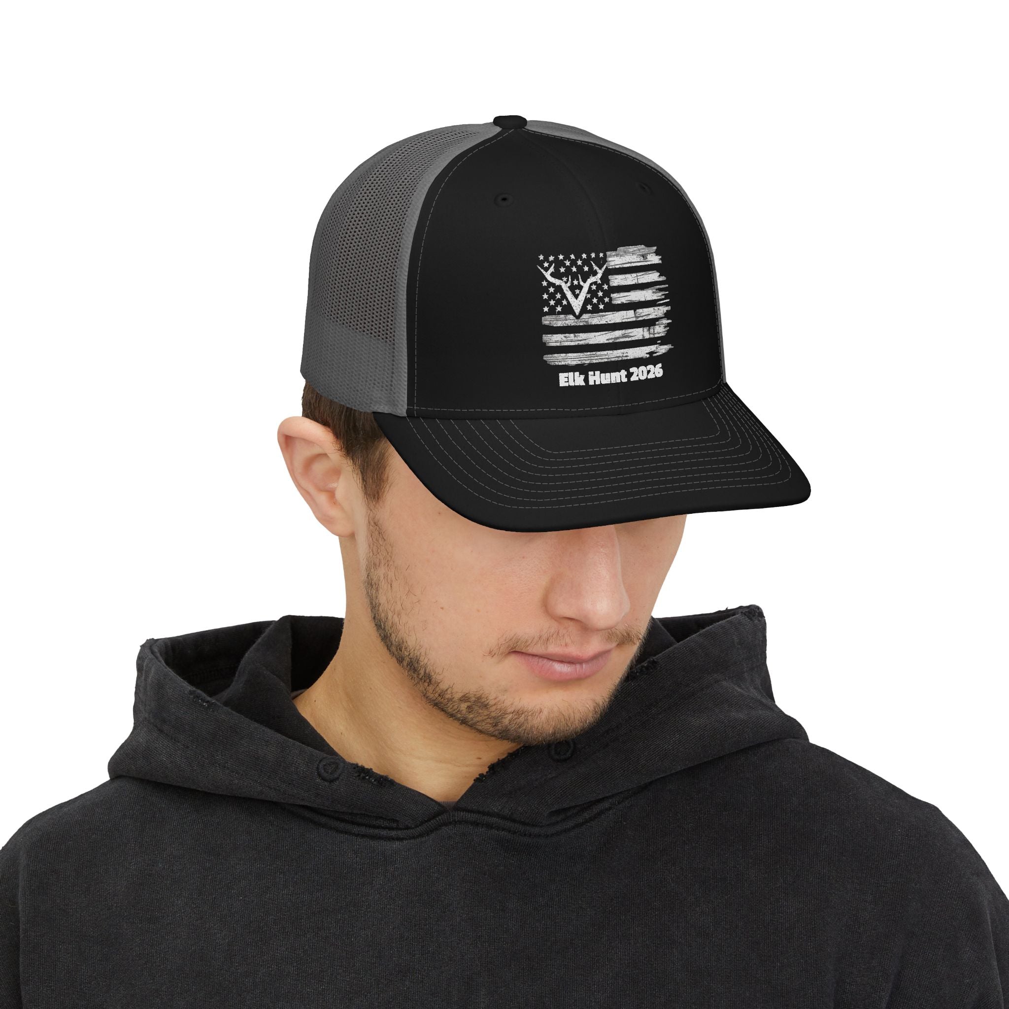 Elk Hunt 2026 | Commando Silhouette American Flag Snapback Trucker Cap | Elk Hunt 2026