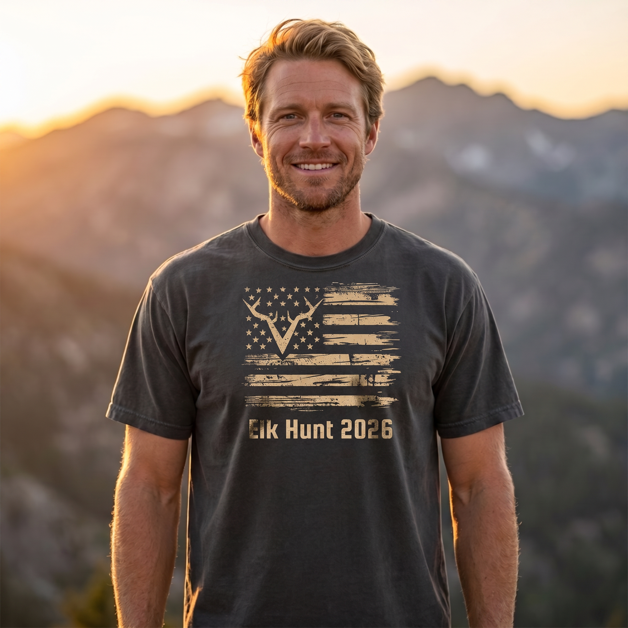 Elk Hunt 2026 T-Shirt — Rustic American Flag Antler Graphic