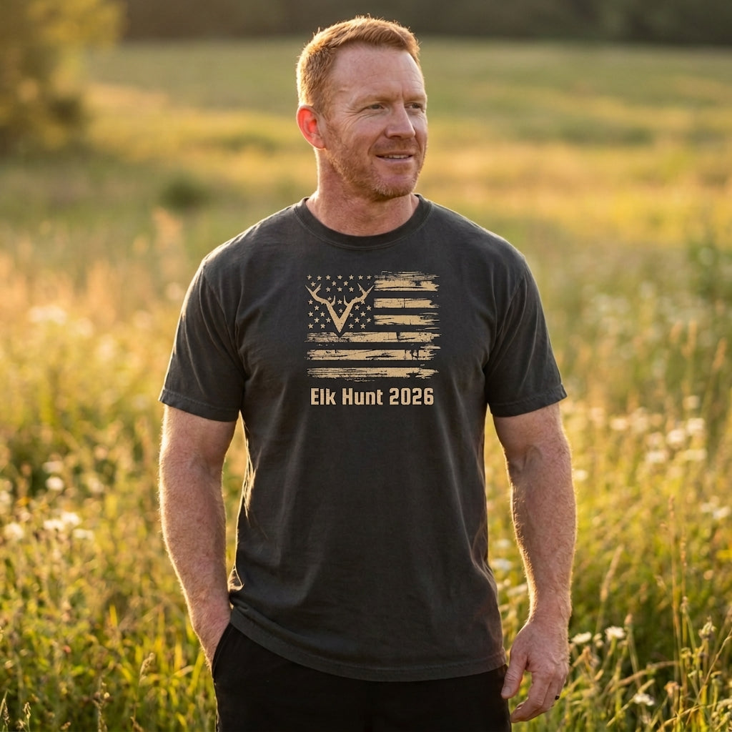 Elk Hunt 2026 T-Shirt — Rustic American Flag Antler Graphic