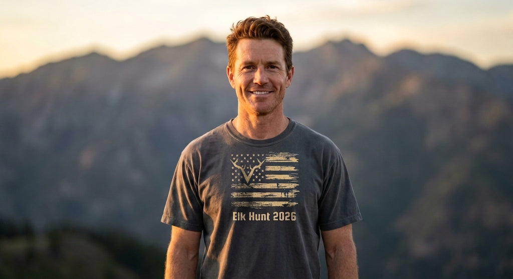 Elk Hunt 2026 T-Shirt — Rustic American Flag Antler Graphic