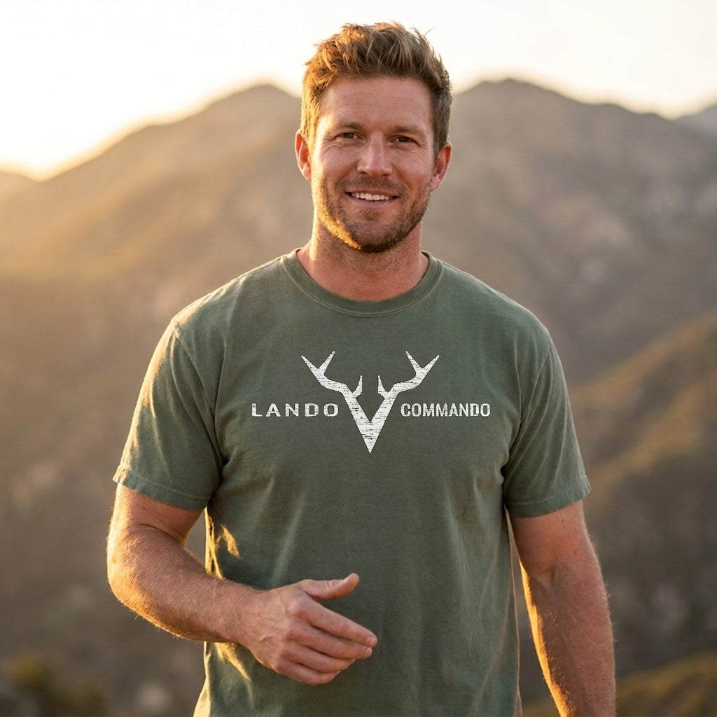 Antler V Logo Lando Commando T-Shirt | Graphic Tee, Deer Antlers (light grey)