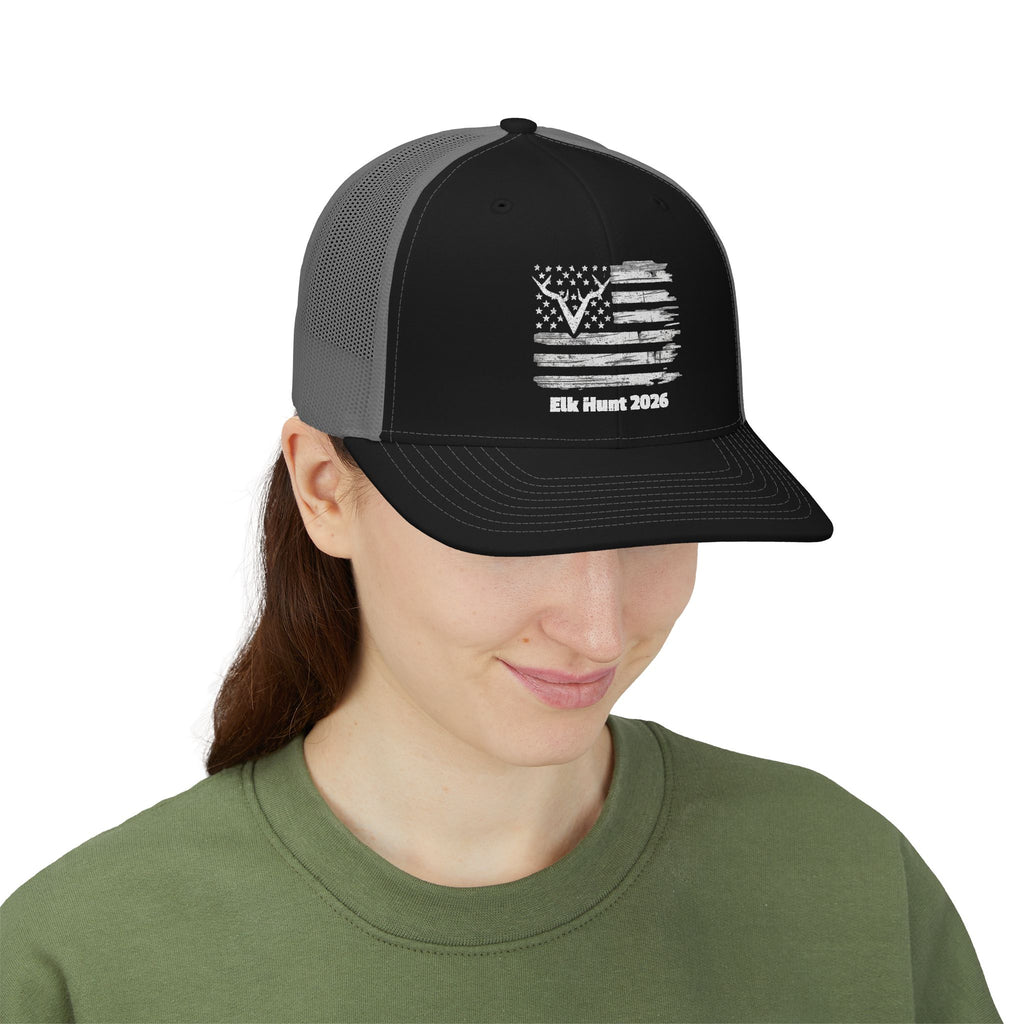 Elk Hunt 2026 | Commando Silhouette American Flag Snapback Trucker Cap | Elk Hunt 2026