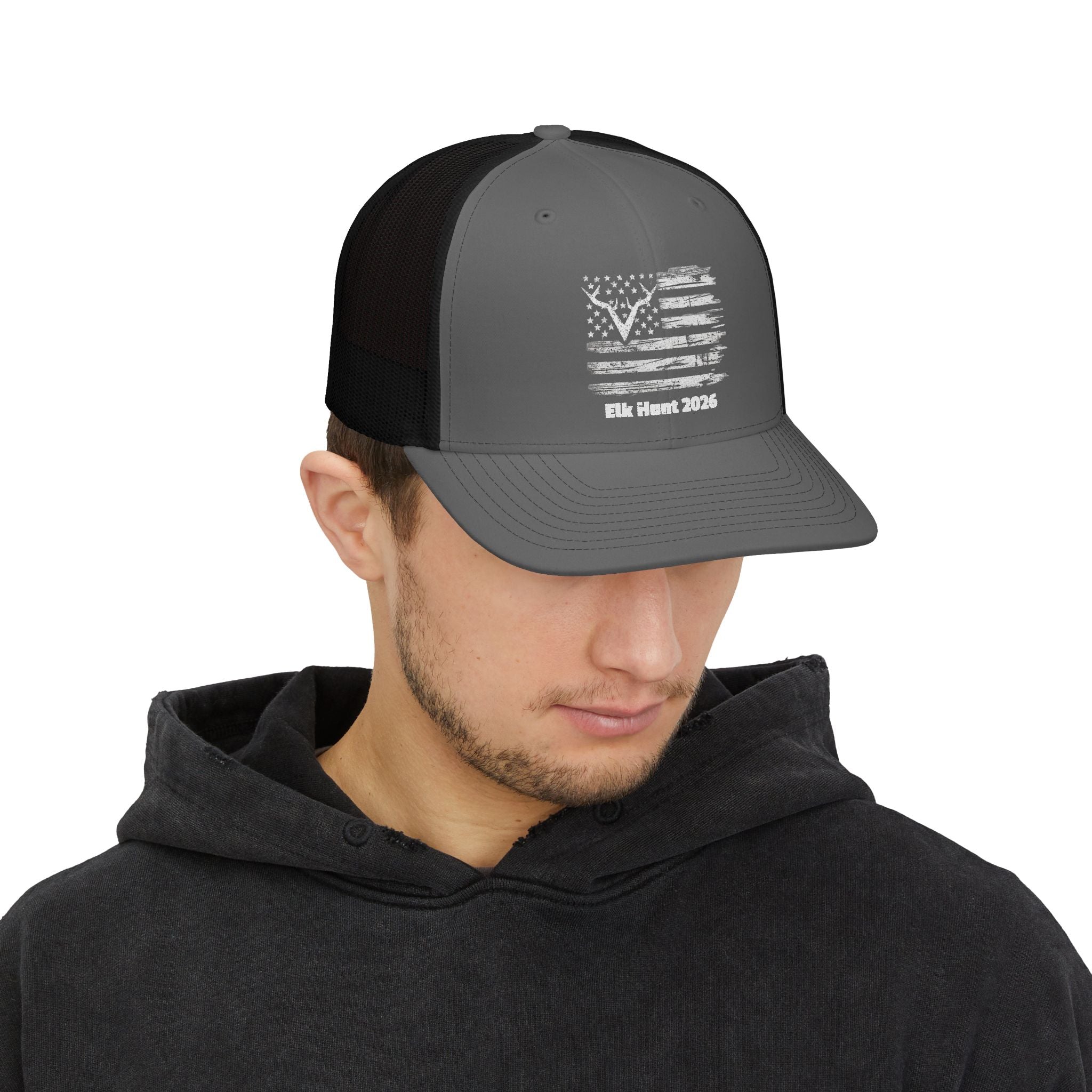 Elk Hunt 2026 | Commando Silhouette American Flag Snapback Trucker Cap | Elk Hunt 2026